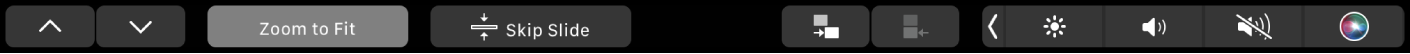 Көрсеткі түймелерін, Zoom to fit түймесін, слайдқа өту түймесін, слайдты ішке жылжыту түймесін және слайдты сыртқа жылжыту түймесін көрсетіп тұрған Keynote Touch Bar.