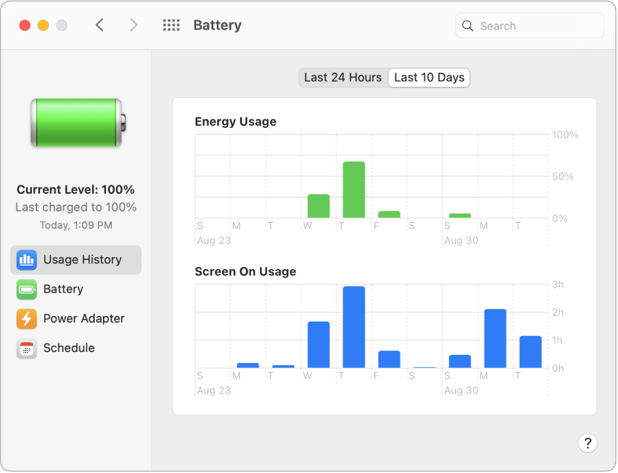Logs Battery Usage History ar atlasītu opciju Last 10 Days.
