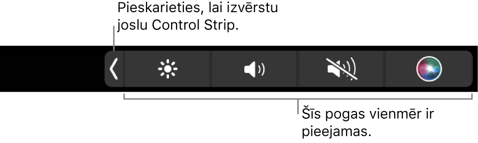 Daļējs noklusējuma joslas Touch Bar ekrāns, kurā redzama sakļauta vadīkla Control Strip. Pieskarieties izvēršanas pogai, lai skatītu pilnu Control Strip.