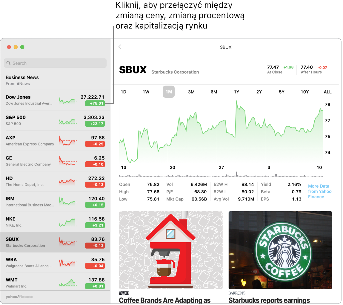 Ekran aplikacji Giełda wyświetlający informacje i publikacje dotyczące zaznaczonej spółki.