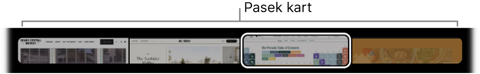 Pasek kart na pasku Touch Bar w aplikacji Safari. Zawiera on miniaturę podglądu każdej otwartej karty.