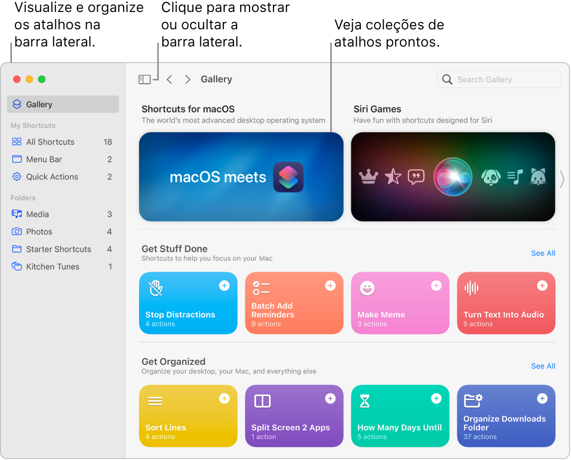 Janela do app Atalhos com a barra lateral aberta à esquerda e a Galeria à direita. O botão da Barra Lateral e as setas de navegação estão na parte superior esquerda, acima da Galeria, e o campo de busca está na parte superior direita.