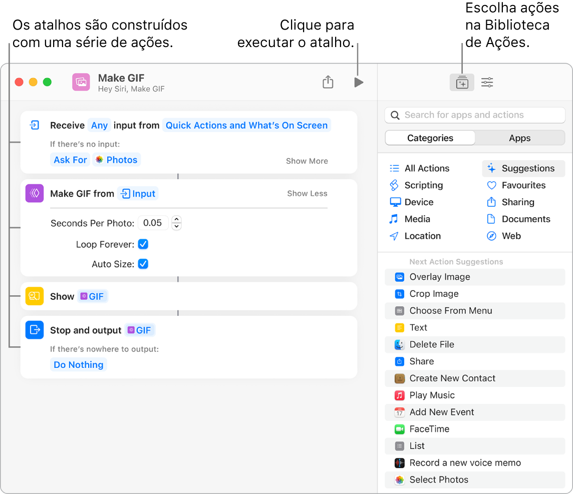 O editor do atalho Criar GIF à esquerda e a biblioteca de ações à direita.