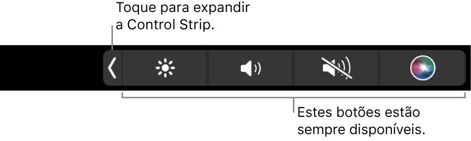 Ecrã parcial da Touch Bar predefinida a mostrar a Control Strip comprimida. Toque no botão de expandir para ver a Control Strip completa.