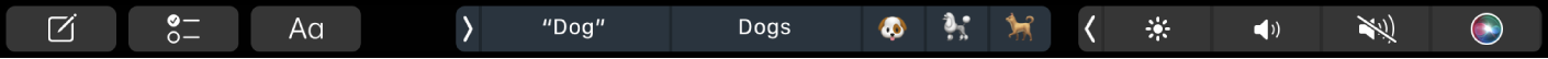 Os botões para escrever texto e de sugestões de escrita na Touch Bar.