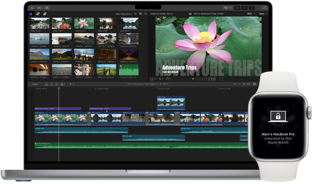 Un MacBook Pro lângă un Apple Watch, prezentând mesajul care anunță că Mac-ul a fost deblocat de ceas.