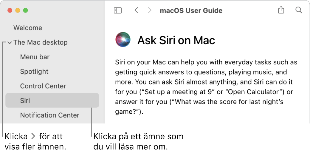Hjälpvisningsfönster som illustrerar hur du visar ämnen som listas i sidofältet och hur du visar innehållet för ett ämne.