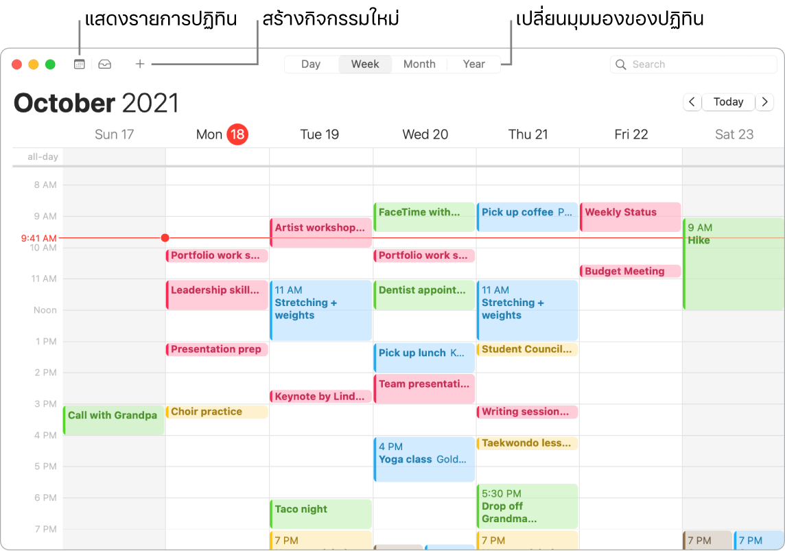 หน้าต่างปฏิทินที่แสดงวิธีสร้างกิจกรรม วิธีแสดงรายการปฏิทิน และวิธีเลือกมุมมองวัน สัปดาห์ เดือน หรือปี