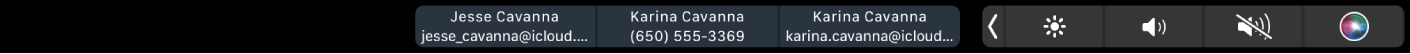 FaceTime 觸控列顯示取得聯絡人的相關資訊、撥打視訊或語音通話,或是傳送訊息或電子郵件的按鈕。