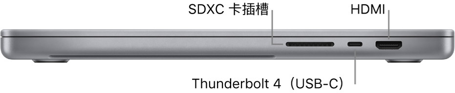 16 吋 MacBook Pro 的右側視圖,附帶 3.5 mm 耳機插孔和充電埠的圖說。