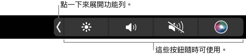 預設觸控列畫面的一部分,顯示收合的功能列。點一下展開按鈕來顯示完整的功能列。