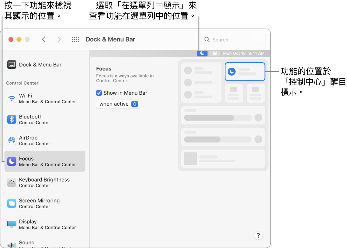 「Dock 與選單列偏好設定」視窗。