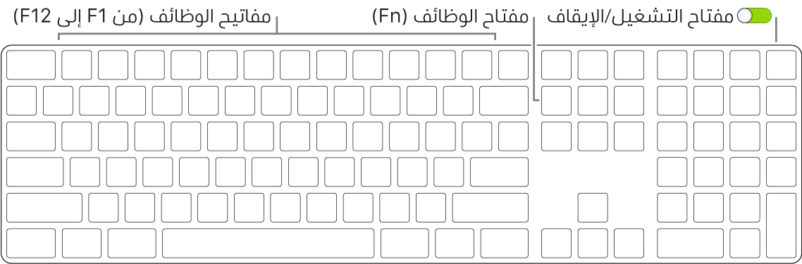لوحة مفاتيح Magic Keyboard تظهر مفتاح الوظائف (Fn) في الزاوية السفلية اليسرى ومفتاح التشغيل/إيقاف التشغيل في الزاوية العلوية اليمنى من لوحة المفاتيح.