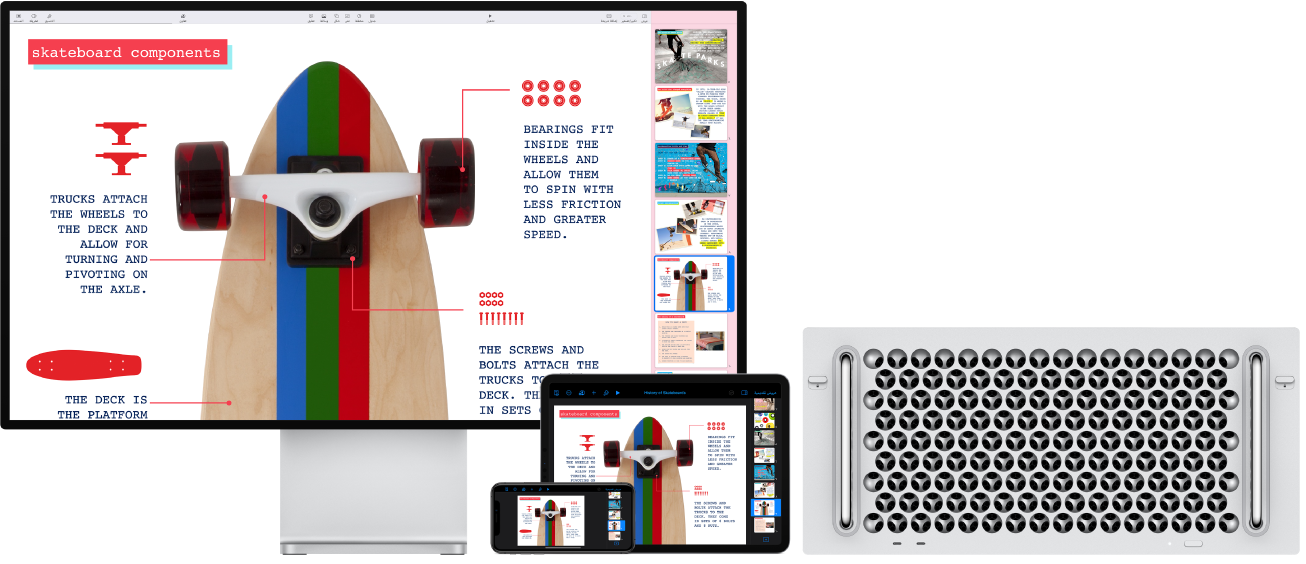 محتوى متماثل معروض على Mac Pro وiPad وiPhone.