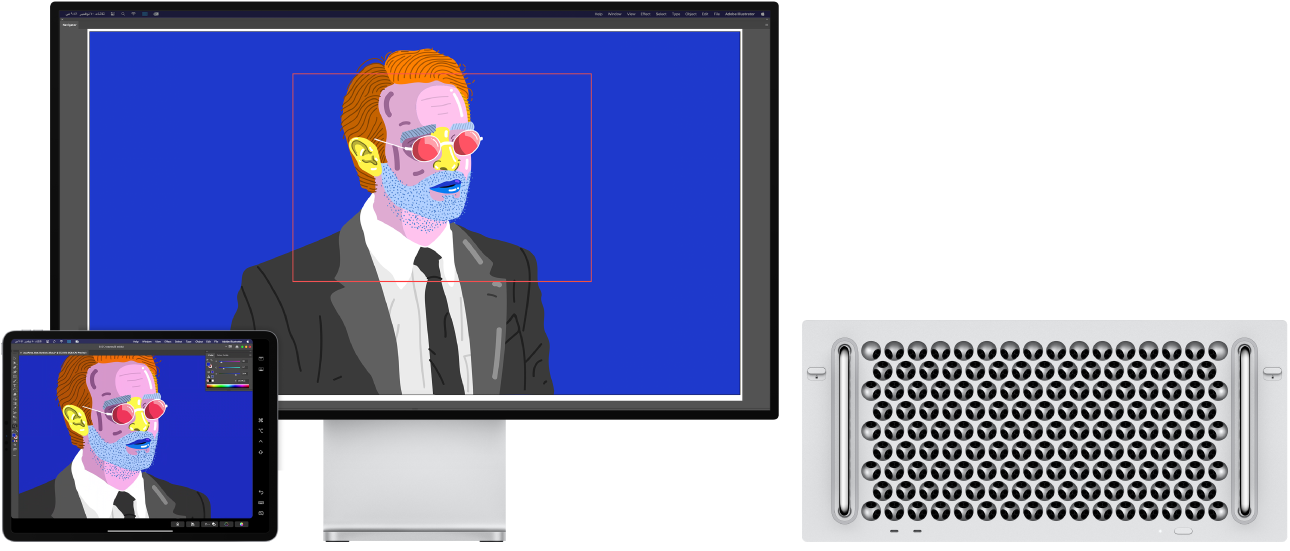 كمبيوتر Mac Pro وجهاز iPad جنبًا إلى جنب. يعرض الـ Mac Pro عملاً فنيًا داخل نافذة المتصفح في Illustrator. يعرض الـ iPad نفس العمل الفني في نافذة مستند في Illustrator، محاطًا بأشرطة أدوات.