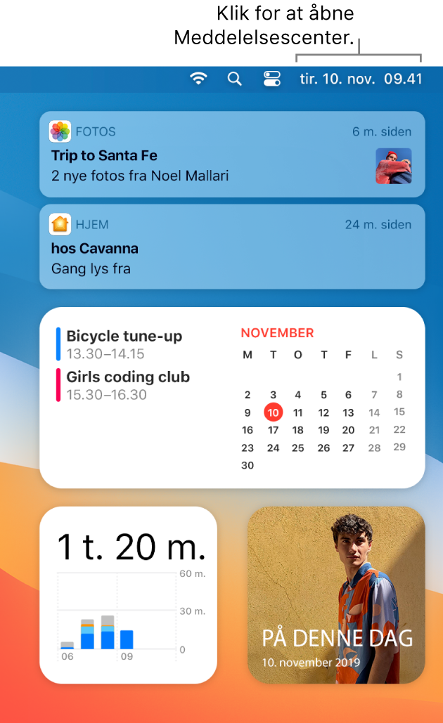 En skærm med en del af skrivebordet, der viser Notifikationscenter med fanen I dag valgt.