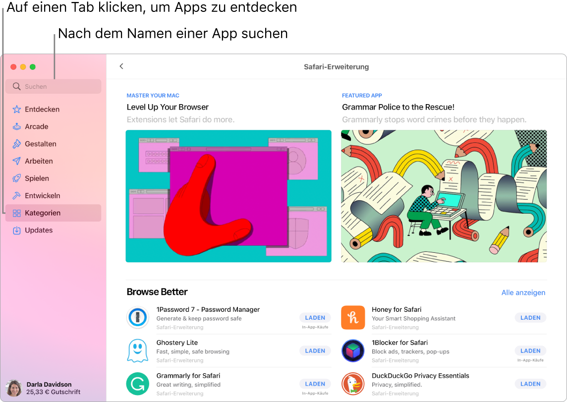Das App Store-Fenster zeigt das Suchfeld und eine Seite mit Safari-Erweiterungen.