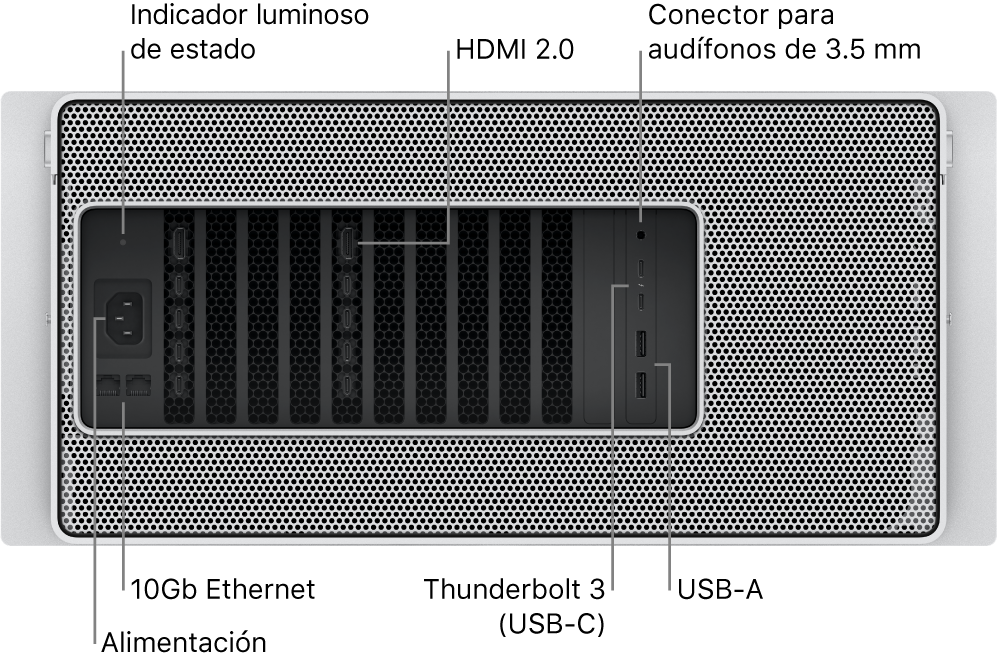La vista trasera de la Mac Pro mostrando el puerto de corriente, un indicador luminoso de estado, dos puertos HDMI 2.0, un conector para audífonos de 3.5 mm, dos puertos 10 Gigabit Ethernet, dos puertos Thunderbolt 3 (USB-C) y dos puertos USB-A.