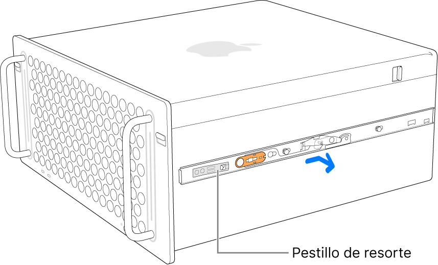 Se muestra cómo se retira un riel de un lado de la Mac Pro.