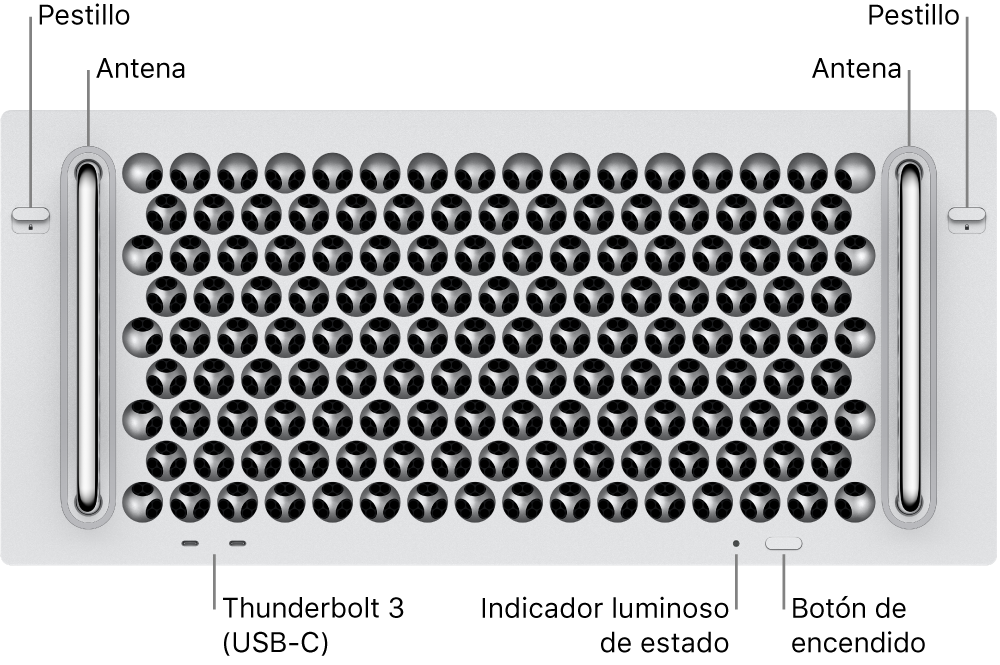 La parte frontal de la Mac Pro mostrando dos puertos Thunderbolt 3 (USB-C), un indicador luminoso del sistema, el botón de encendido y una antena.