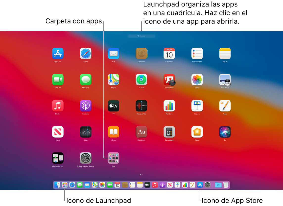Una pantalla de Mac con Launchpad abierto, donde se muestra una carpeta de apps en Launchpad y los iconos de Launchpad y de App Store en el Dock.