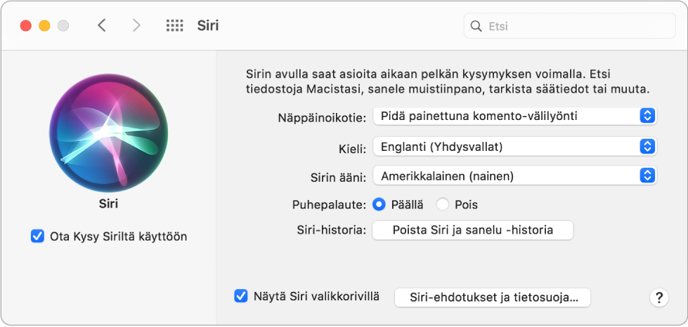 Siri-asetusikkuna, jossa vasemmalla on Ota Kysy Siriltä käyttöön ja oikealla on Siri-asetuksia.