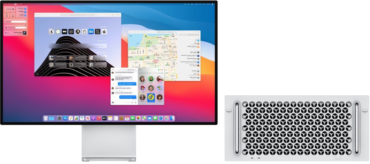 Mac Pro מחובר ל-Pro Display XDR. המכתבה מציגה את ״מרכז הבקרה״ וכמה יישומים פתוחים.
