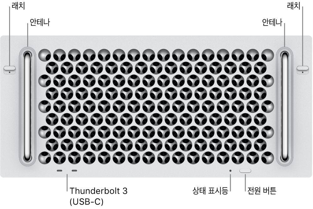 Thunderbolt 3(USB-C) 포트 두 개, 시스템 표시등, 전원, 버튼 및 안테나를 표시하는 Mac Pro의 앞면.