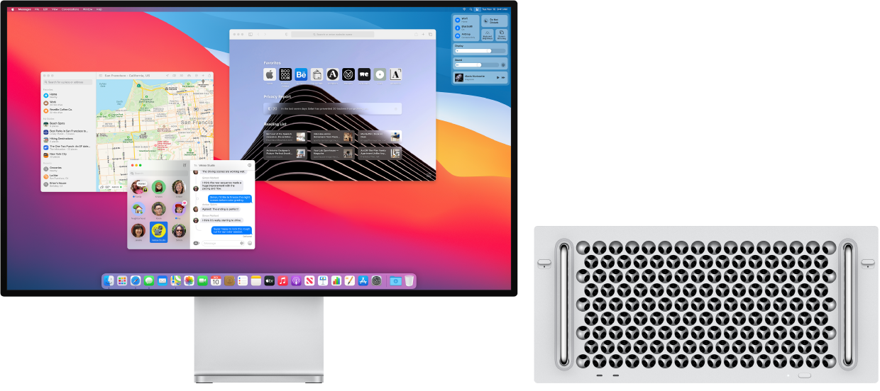Ar Pro Display XDR monitoru savienots Mac Pro dators; datora ekrānā redzama izvēlne Control Center un vairākas atvērtas lietotnes.