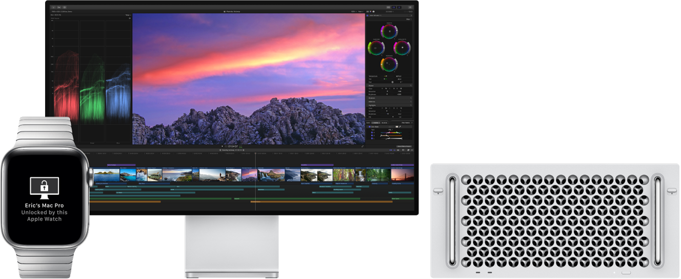 Mac Pro dators un tā monitors blakus Apple Watch pulkstenim, kurā redzams ziņojums, ka Mac dators ir atbloķēts ar pulksteni.