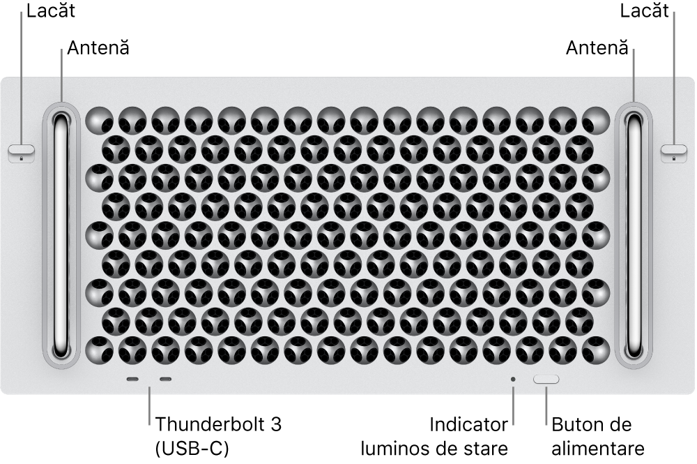 Partea din față a Mac Pro-ului afișând două porturi Thunderbolt 3 (USB-C), un indicator luminos de sistem, butonul de alimentare și antena.