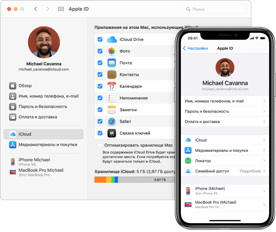 Настройки iCloud на iPhone и окно iCloud на Mac.