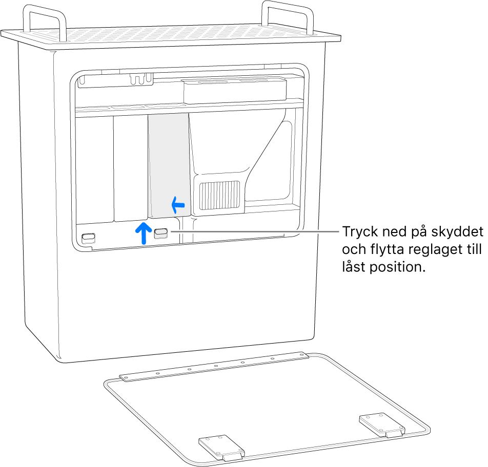 Mac Pro står på kortsidan och visar hur du flyttar DIMM-reglaget till låst läge.