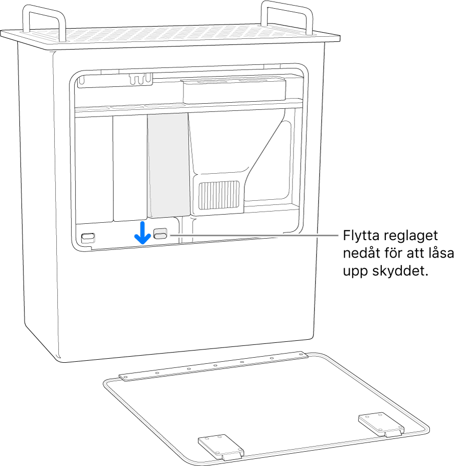 Mac Pro står på kortsidan och visar reglaget som låser upp DIMM-skyddet.