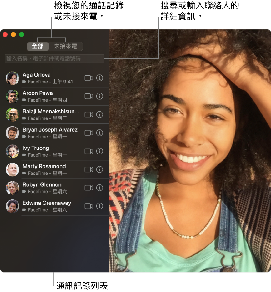 FaceTime 視窗,顯示如何撥打視訊或語音通話、使用搜尋欄位來輸入或搜尋聯絡人詳細資訊,並檢視最近通話記錄列表。
