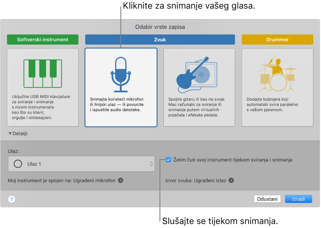 Ploča za instrumente aplikacije GarageBand prikazuje gdje kliknuti za snimanje glasa te kako se preslušati nakon snimanja.