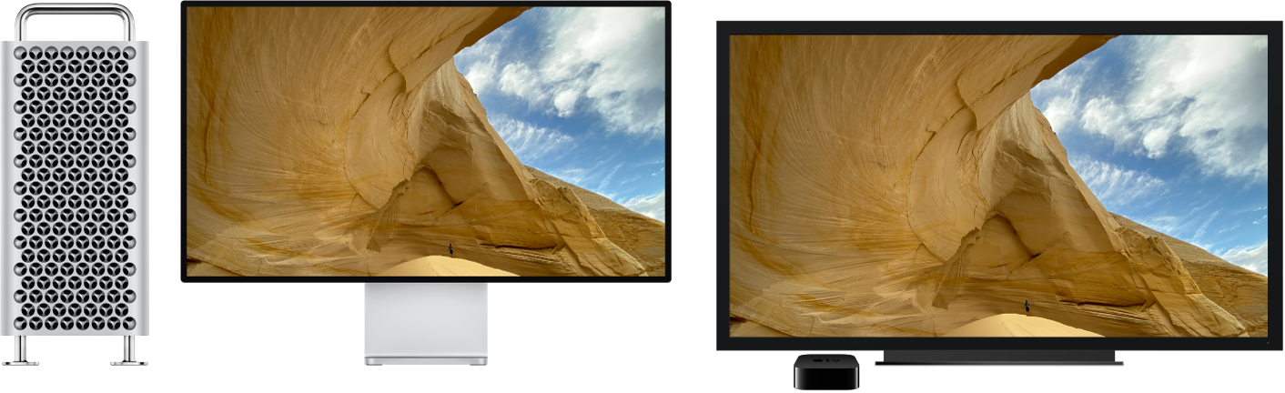 Un Mac Pro având conținutul oglindit pe un televizor HD de mari dimensiuni utilizând un Apple TV.