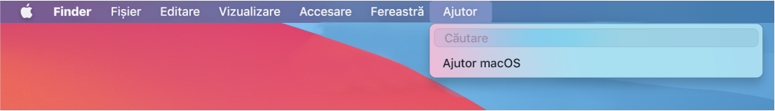 O parte din desktop cu meniul Ajutor deschis, afișând opțiunile de meniu pentru Căutare și Ajutor macOS.