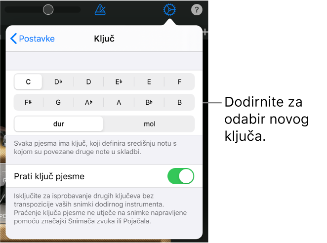 Postavke pjesme, uključujući kontrole tonaliteta.