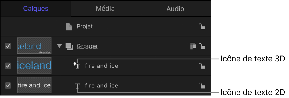 Liste Calques affichant l’icône de texte 3D