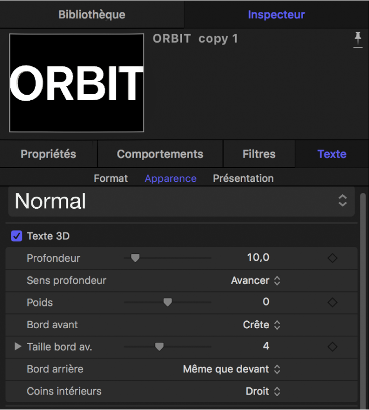 Paramètres Texte 3D dans la fenêtre Apparence de l’inspecteur de texte