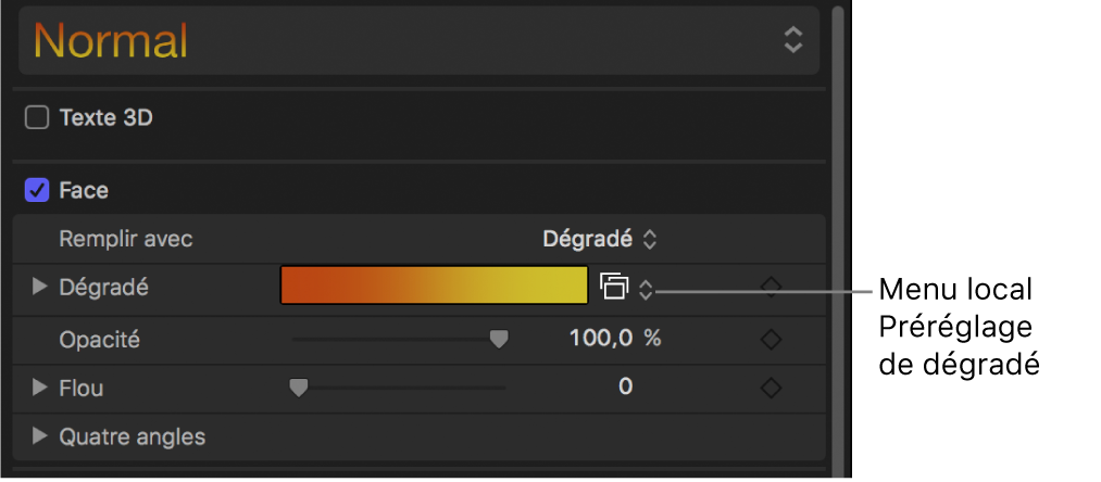 Menu local des dégradés prédéfinis qui s’affiche lorsque le menu local « Remplir avec » est réglé sur Dégradé
