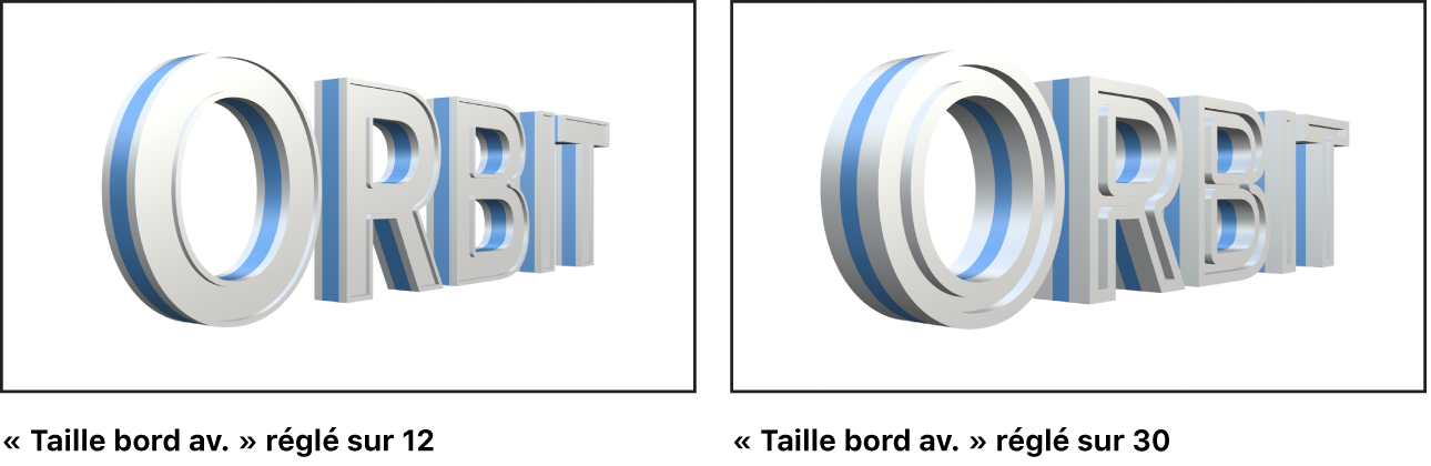Canevas affichant un texte 3D avec le Bord avant réglé sur 12 et un autre dont le Bord avant est réglé sur 30