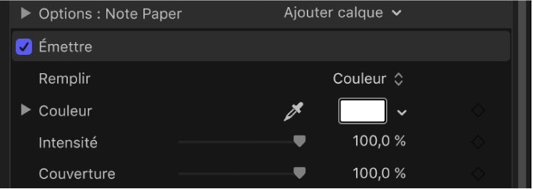 Inspecteur de texte 3D affichant les commandes Émettre