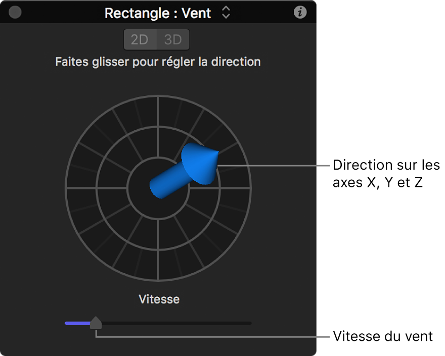 Palette avec commandes spéciales pour le comportement Vent en mode 3D