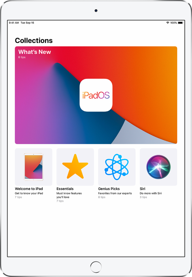 Ekrāns, kurā redzamas padomu kolekcijas. Varat pieskarties kolekcijai, lai apskatītu tajā esošos padomus.