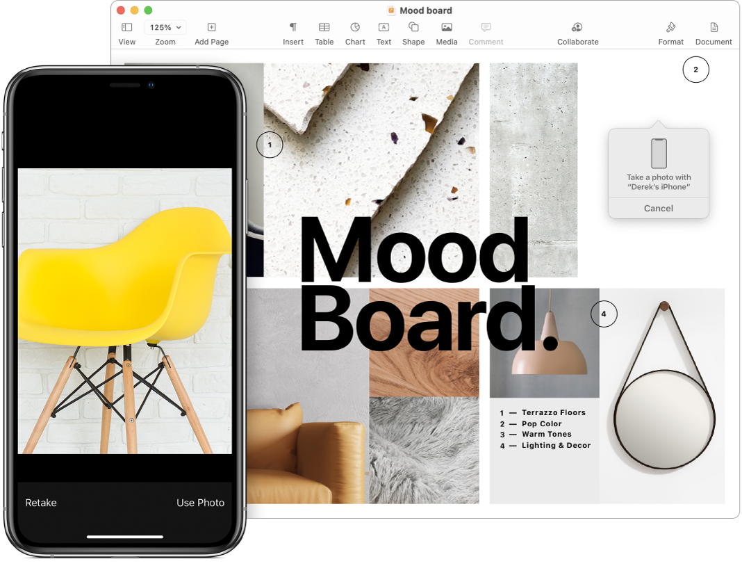 iPhone s fotkou a obrazovka Macu, na níž je vidět dokument Pages a v něm rámeček, do kterého bude fotka umístěna
