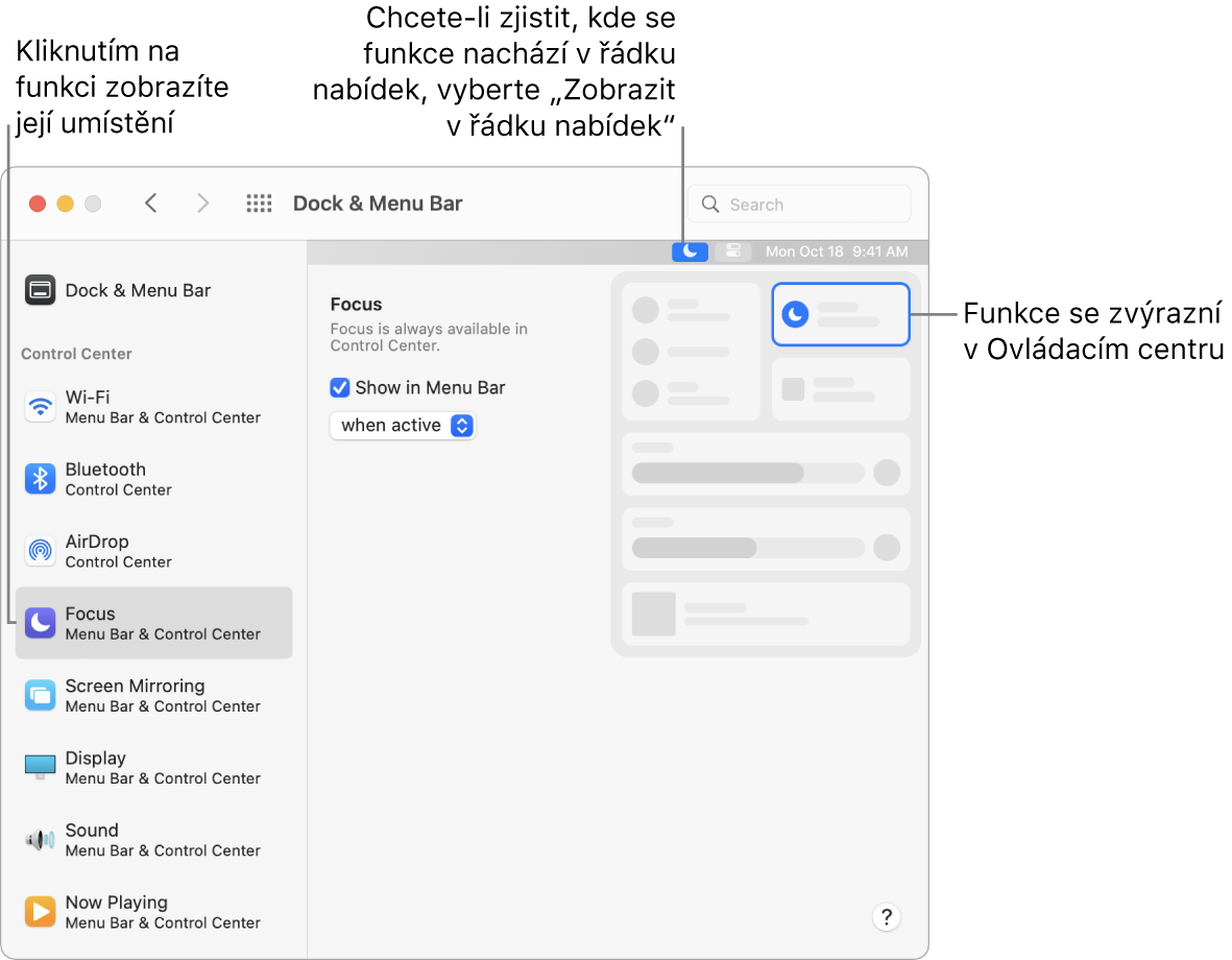 Okno předvoleb Dock a řádek nabídek