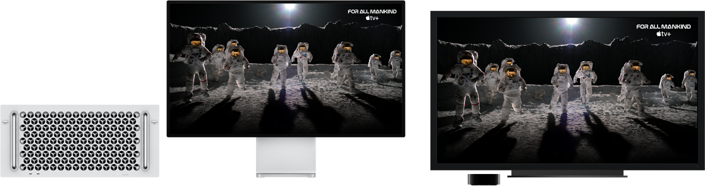 A Mac Pro with its content mirrored on a large HDTV using an Apple TV.
