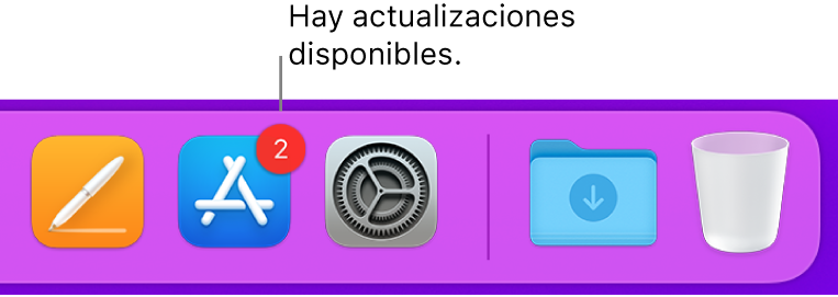 Una parte del Dock mostrando el ícono de App Store con un indicador que muestra que hay actualizaciones disponibles.